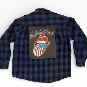 Rolling Stones Upcycled Blue and Black Flannel Shirt